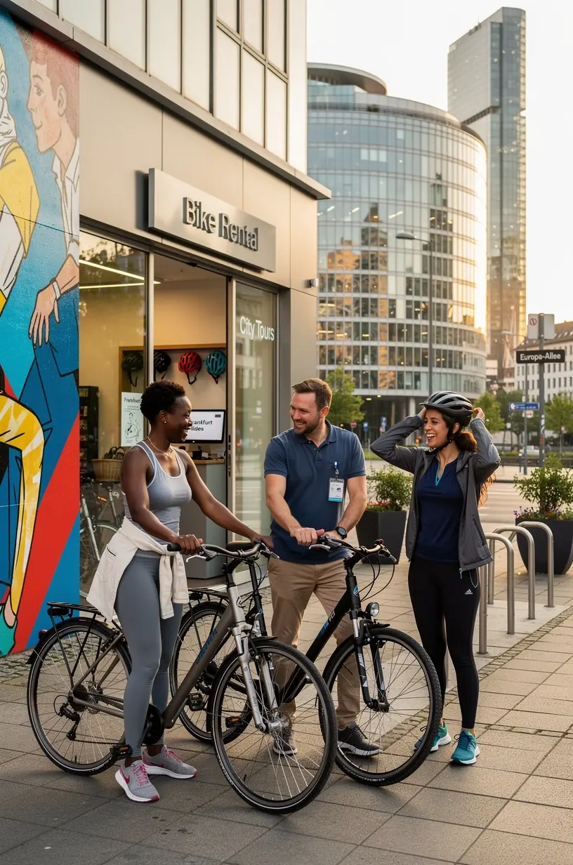 Tourist mit Aktentasche erkundet ein historisches Stadtviertel nahe eines deutschen Wirtschaftszentrums.
